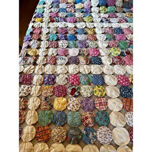 Vintage 1930s Patchwork Yo-Yo Quilt Colorful Handmade Multicolor 45"X60" Cotton
